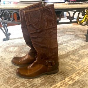 Frye Philip harness boots. Brown with zippers up the back.